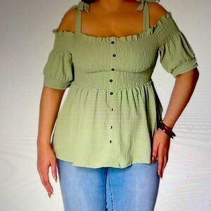 Plus Size Smocked Button Front Cold Shoulder Top